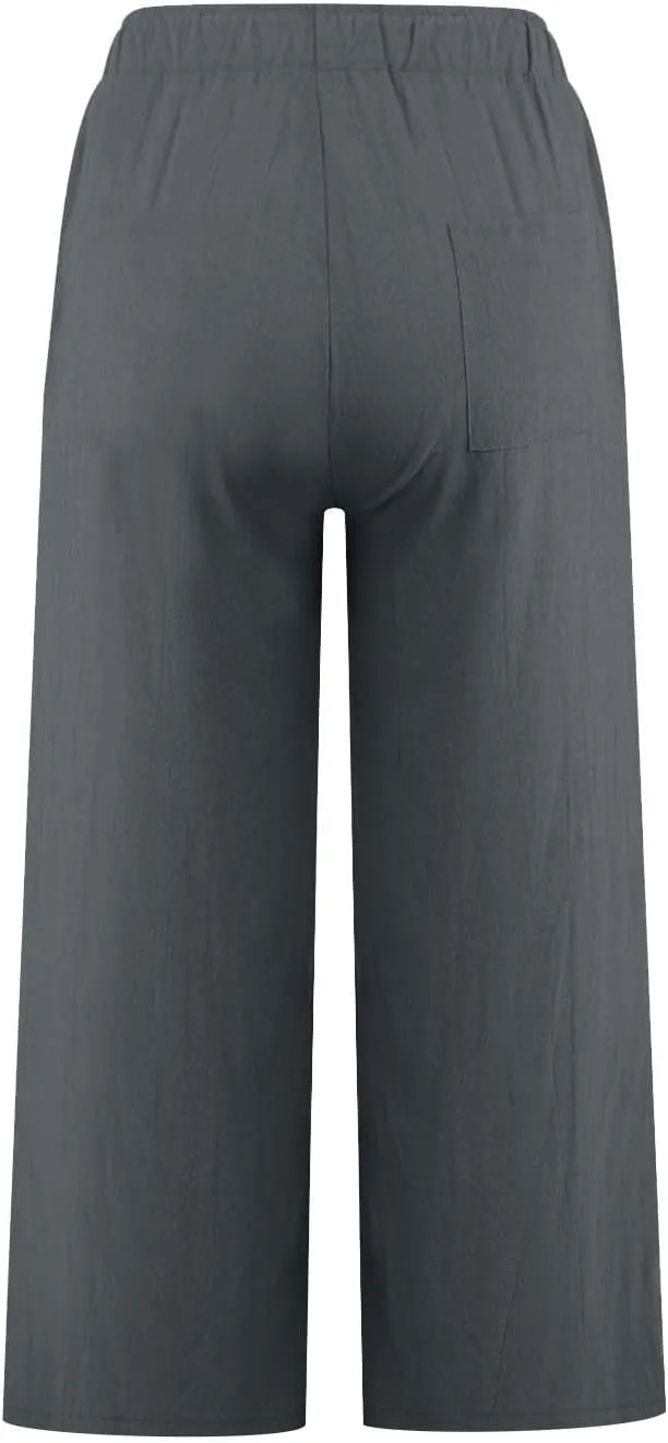 Cropped Linen Pants Women Casual High Waisted Wide Leg Lounge Pant 2025 Loose Lightweight Cotton Capris with Pockets