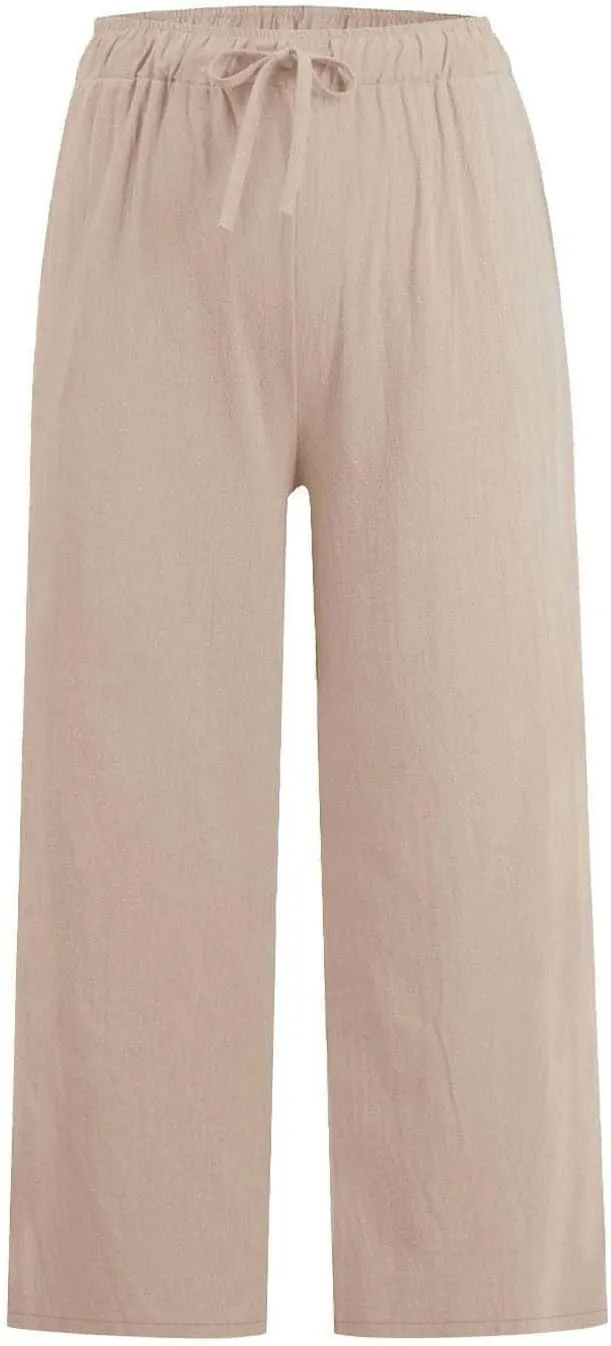 Cropped Linen Pants Women Casual High Waisted Wide Leg Lounge Pant 2025 Loose Lightweight Cotton Capris with Pockets
