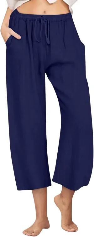Cropped Linen Pants Women Casual High Waisted Wide Leg Lounge Pant 2025 Loose Lightweight Cotton Capris with Pockets