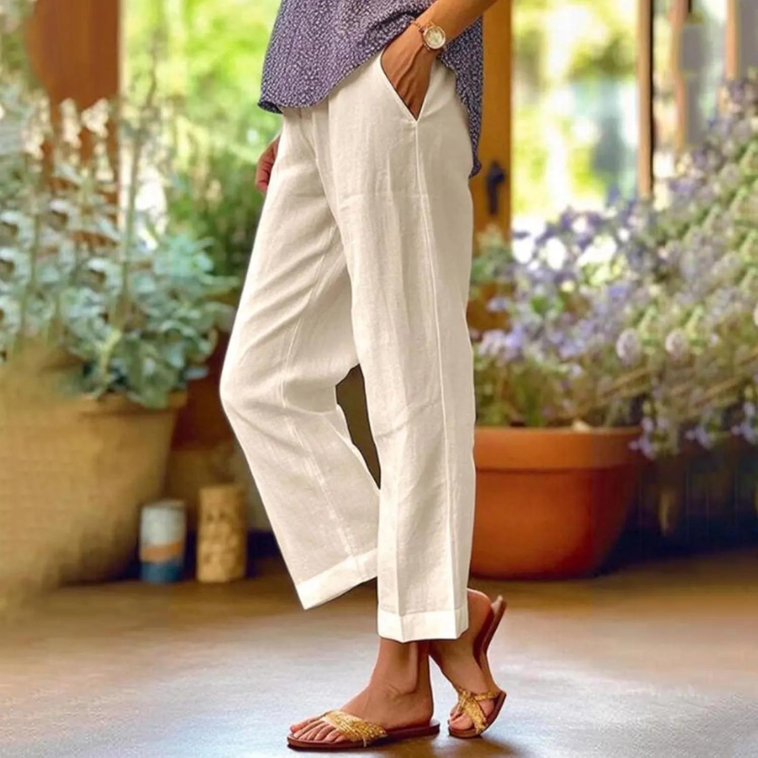 Cropped Linen Pants Women Summer Plus Size Straight Leg Crop Pants Elastic Waist Casual Beach Trousers with Pockets