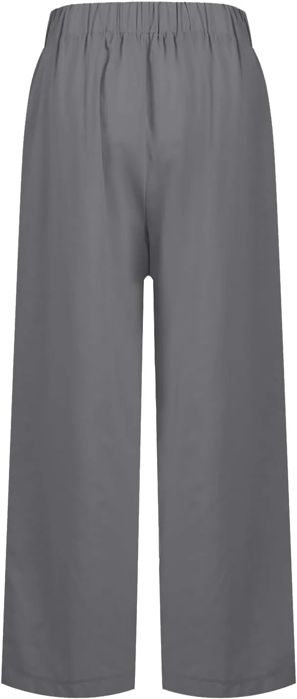 Cropped Linen Pants Women Summer Plus Size Straight Leg Crop Pants Elastic Waist Casual Beach Trousers with Pockets