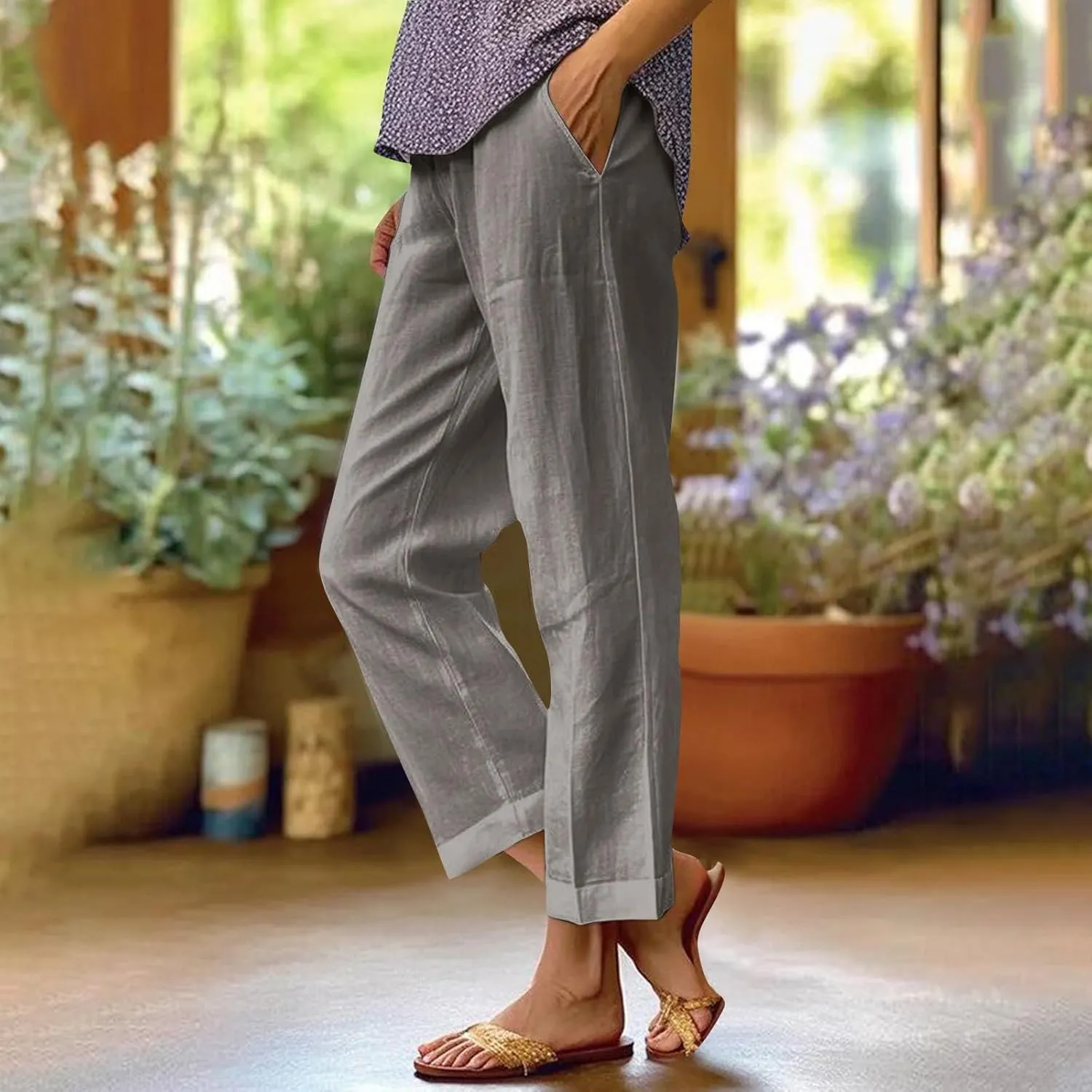 Cropped Linen Pants Women Summer Plus Size Straight Leg Crop Pants Elastic Waist Casual Beach Trousers with Pockets