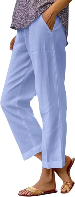 Cropped Linen Pants Women Summer Plus Size Straight Leg Crop Pants Elastic Waist Casual Beach Trousers with Pockets