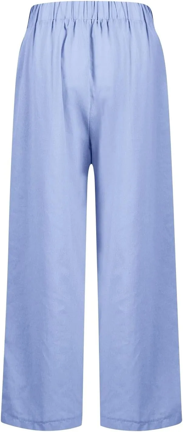 Cropped Linen Pants Women Summer Plus Size Straight Leg Crop Pants Elastic Waist Casual Beach Trousers with Pockets