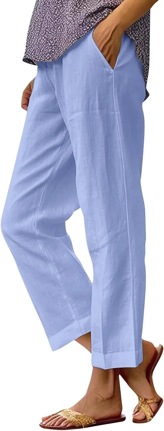 Cropped Linen Pants Women Summer Plus Size Straight Leg Crop Pants Elastic Waist Casual Beach Trousers with Pockets
