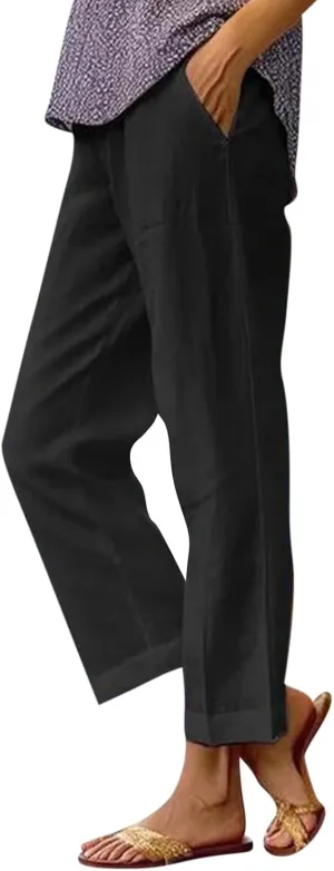 Cropped Linen Pants Women Summer Plus Size Straight Leg Crop Pants Elastic Waist Casual Beach Trousers with Pockets