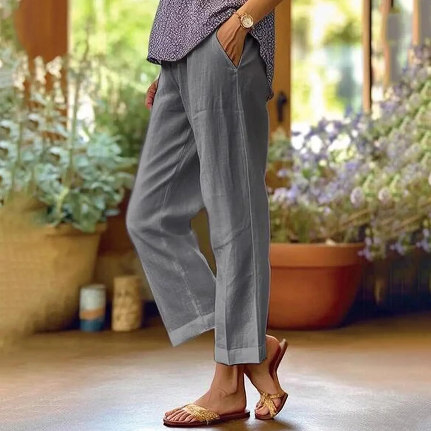 Cropped Linen Pants Women Summer Plus Size Straight Leg Crop Pants Elastic Waist Casual Beach Trousers with Pockets