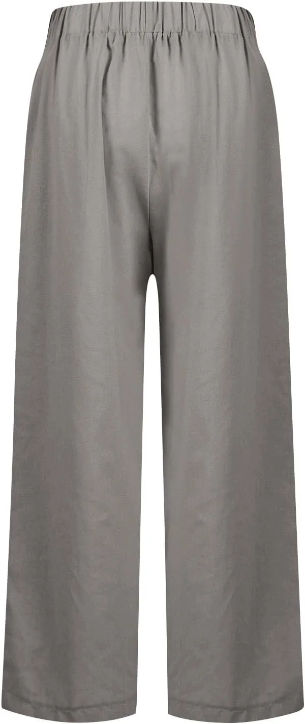 Cropped Linen Pants Women Summer Plus Size Straight Leg Crop Pants Elastic Waist Casual Beach Trousers with Pockets