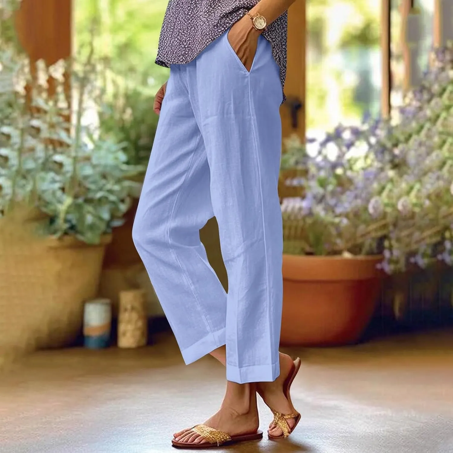 Cropped Linen Pants Women Summer Plus Size Straight Leg Crop Pants Elastic Waist Casual Beach Trousers with Pockets