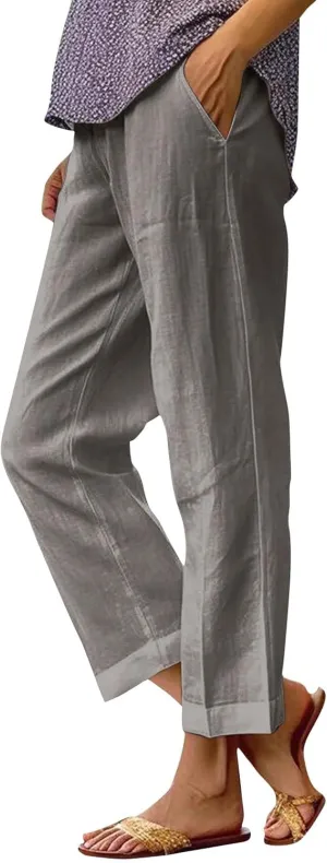 Cropped Linen Pants Women Summer Plus Size Straight Leg Crop Pants Elastic Waist Casual Beach Trousers with Pockets