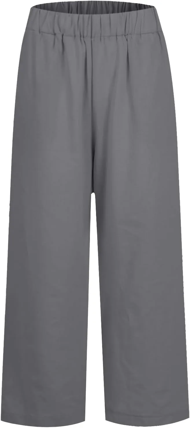 Cropped Linen Pants Women Summer Plus Size Straight Leg Crop Pants Elastic Waist Casual Beach Trousers with Pockets