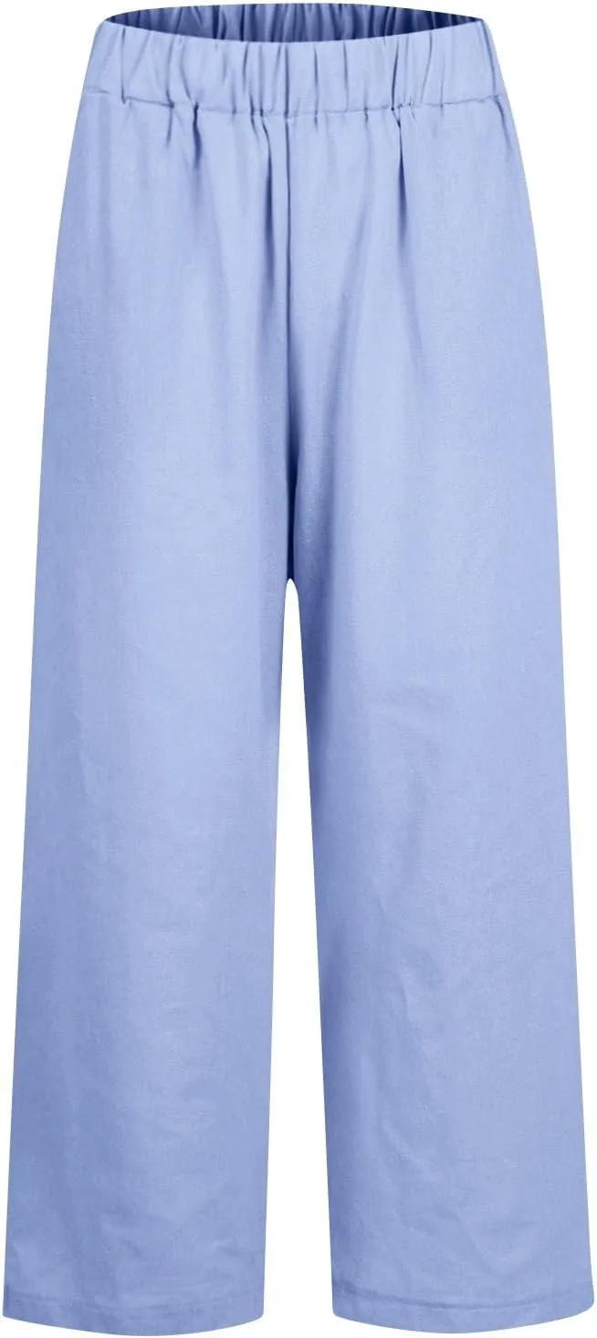 Cropped Linen Pants Women Summer Plus Size Straight Leg Crop Pants Elastic Waist Casual Beach Trousers with Pockets