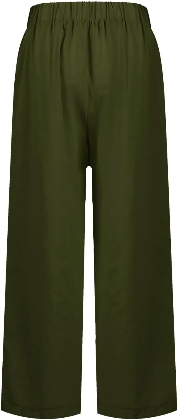 Cropped Linen Pants Women Summer Plus Size Straight Leg Crop Pants Elastic Waist Casual Beach Trousers with Pockets
