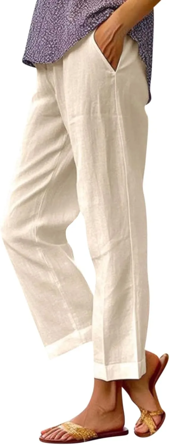 Cropped Linen Pants Women Summer Plus Size Straight Leg Crop Pants Elastic Waist Casual Beach Trousers with Pockets
