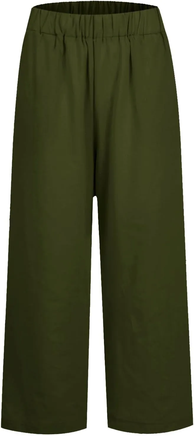 Cropped Linen Pants Women Summer Plus Size Straight Leg Crop Pants Elastic Waist Casual Beach Trousers with Pockets