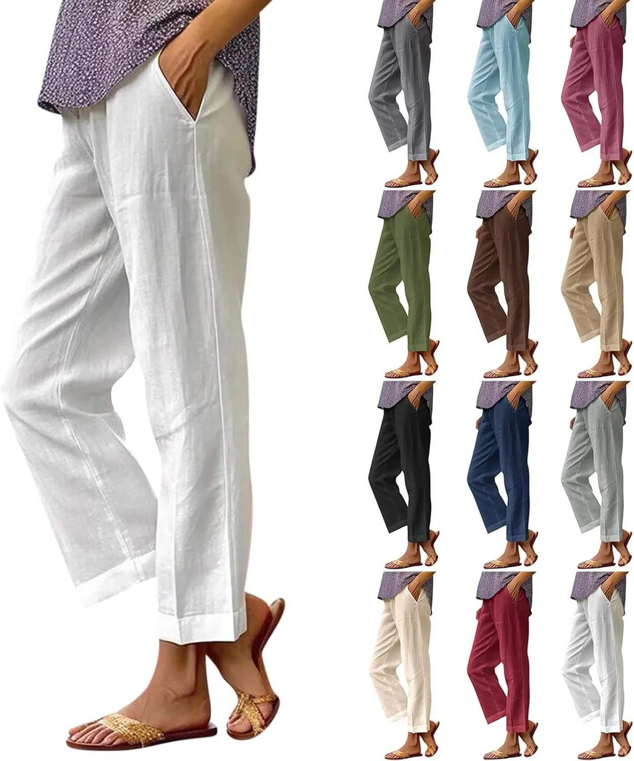 Cropped Linen Pants Women Summer Plus Size Straight Leg Crop Pants Elastic Waist Casual Beach Trousers with Pockets