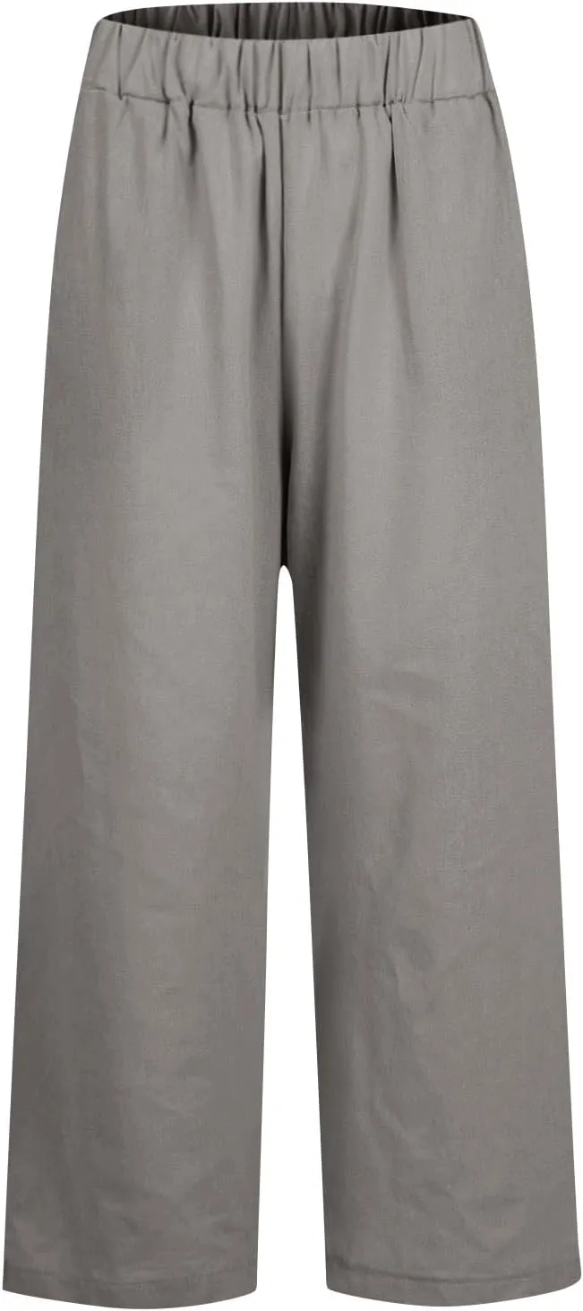 Cropped Linen Pants Women Summer Plus Size Straight Leg Crop Pants Elastic Waist Casual Beach Trousers with Pockets