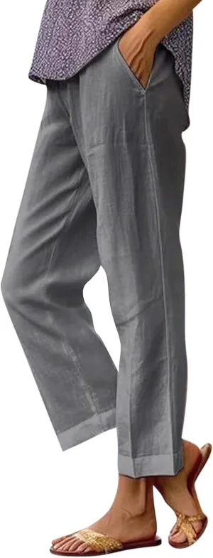 Cropped Linen Pants Women Summer Plus Size Straight Leg Crop Pants Elastic Waist Casual Beach Trousers with Pockets