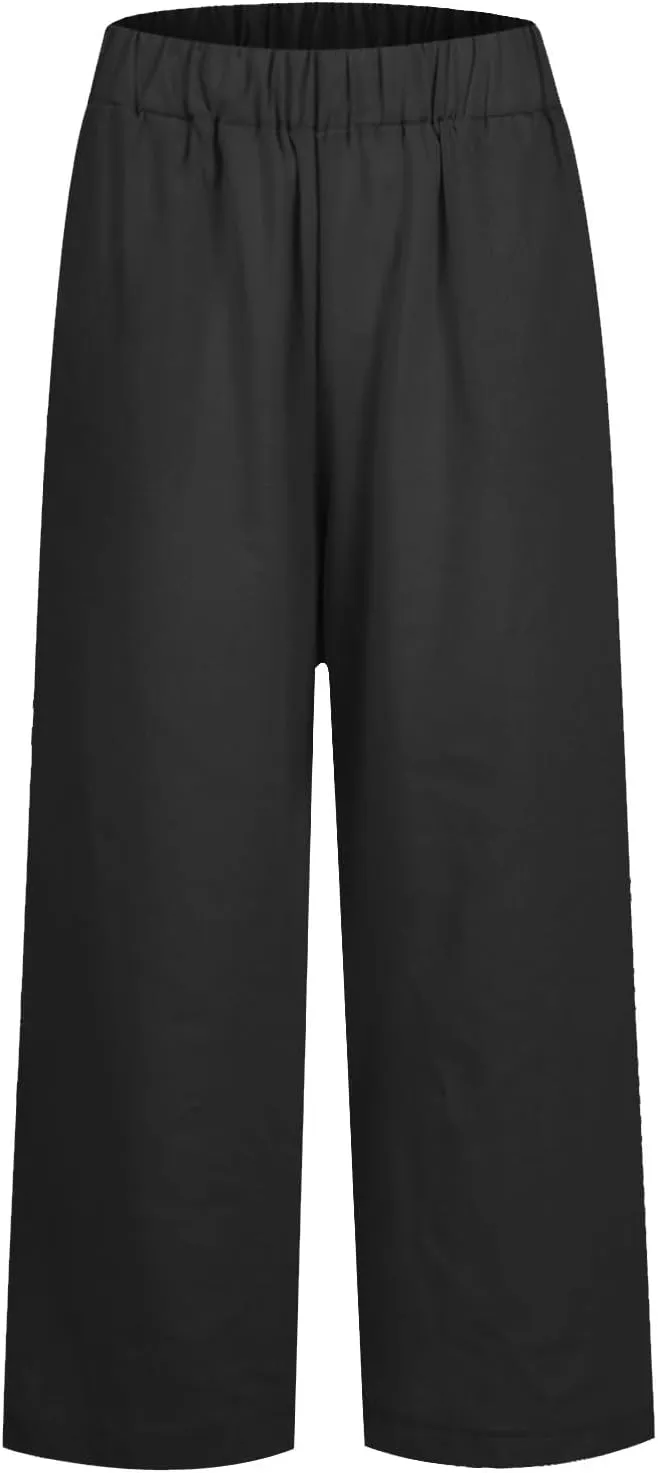 Cropped Linen Pants Women Summer Plus Size Straight Leg Crop Pants Elastic Waist Casual Beach Trousers with Pockets