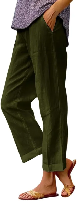 Cropped Linen Pants Women Summer Plus Size Straight Leg Crop Pants Elastic Waist Casual Beach Trousers with Pockets