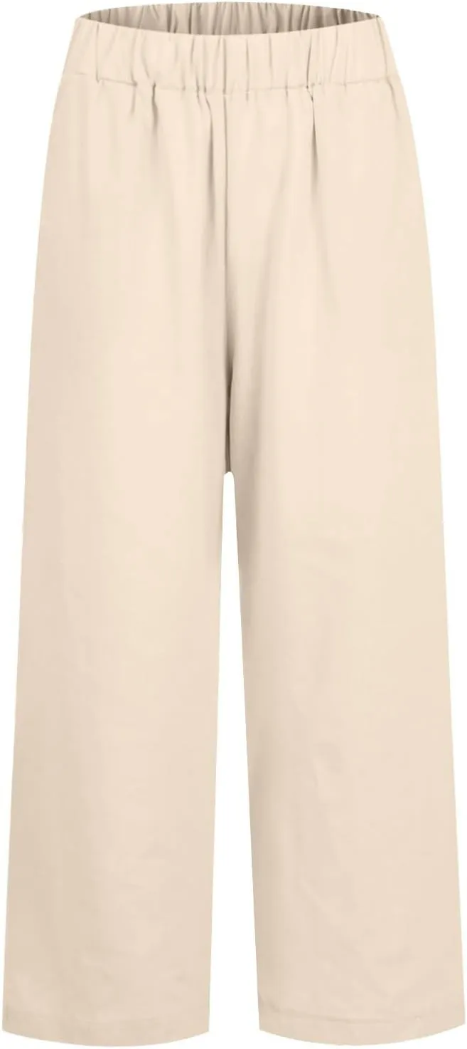 Cropped Linen Pants Women Summer Plus Size Straight Leg Crop Pants Elastic Waist Casual Beach Trousers with Pockets