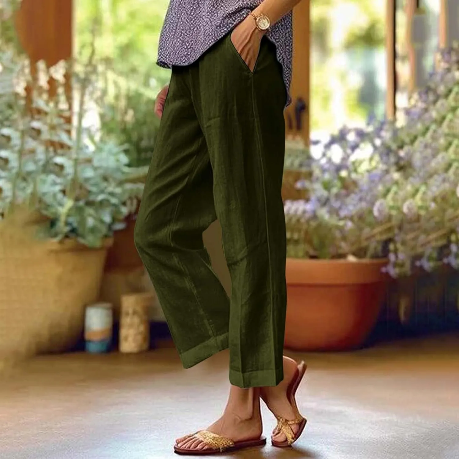 Cropped Linen Pants Women Summer Plus Size Straight Leg Crop Pants Elastic Waist Casual Beach Trousers with Pockets