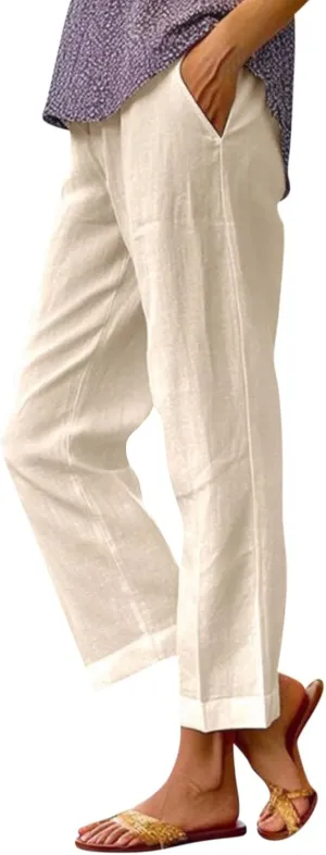 Cropped Linen Pants Women Summer Plus Size Straight Leg Crop Pants Elastic Waist Casual Beach Trousers with Pockets