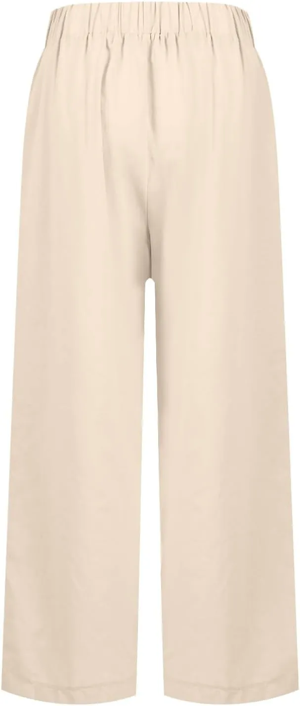 Cropped Linen Pants Women Summer Plus Size Straight Leg Crop Pants Elastic Waist Casual Beach Trousers with Pockets