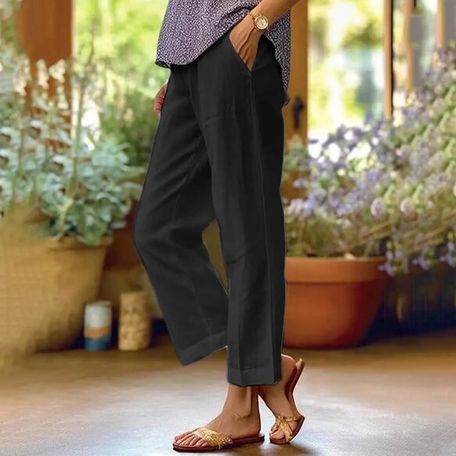 Cropped Linen Pants Women Summer Plus Size Straight Leg Crop Pants Elastic Waist Casual Beach Trousers with Pockets