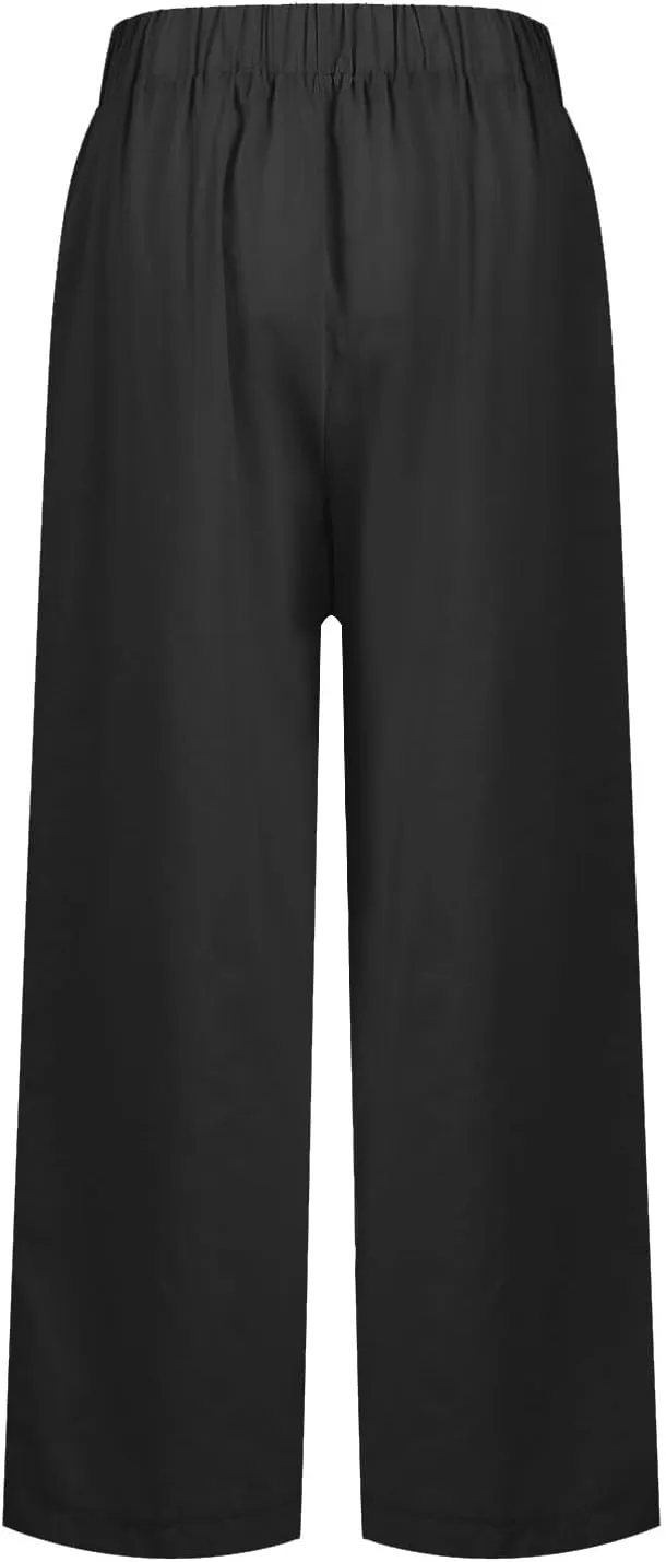 Cropped Linen Pants Women Summer Plus Size Straight Leg Crop Pants Elastic Waist Casual Beach Trousers with Pockets