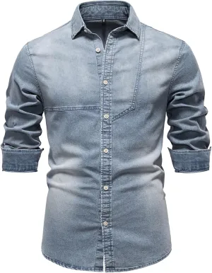 Denim Shirt Men Cotton Short Sleeve Button Down Slim Fit Cowboy Shirts Big and Tall Summer Beach Vacation Cruise Pocket Shirt