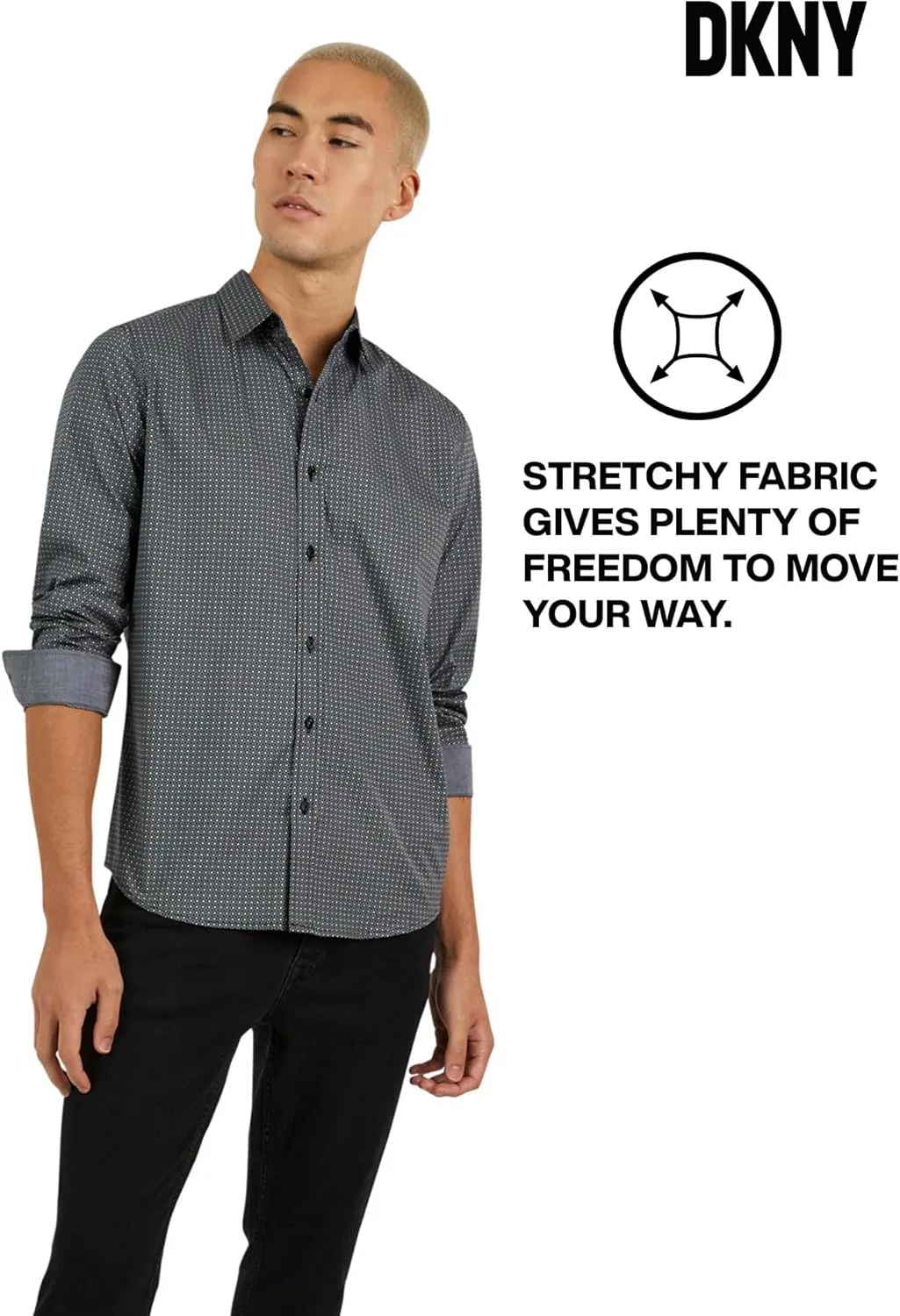 DKNY Men's Long Sleeve Button Down Shirt - Printed Mens Casual Button Up Shirts