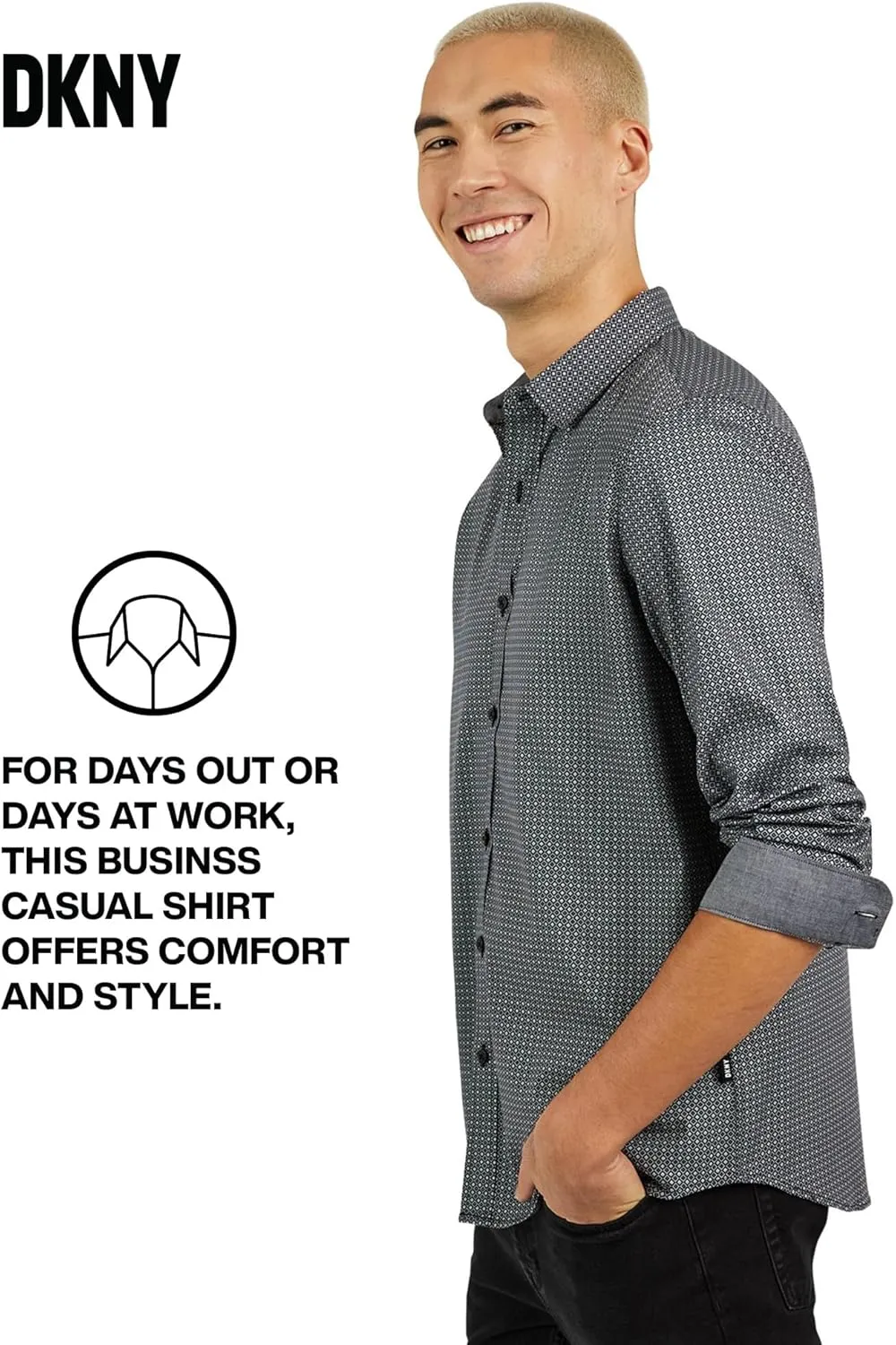 DKNY Men's Long Sleeve Button Down Shirt - Printed Mens Casual Button Up Shirts