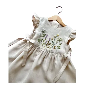 Dress with Wildflowers Embroidery, Hand Embroidered Linen Dress For Baby, Girls Soft Linen Dress, Toddler Linen Dress, Custom First Birthday Dress, Kids Clothing, Dress for Girls