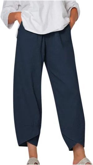 DSODAN Capri Pants for Women Casual Cotton Linen Wide Leg Cropped Trousers Summer Print Lounge Palazzo Pant with Pockets Black Sweatpants Capris Winter Year Best Gifts XX-Large