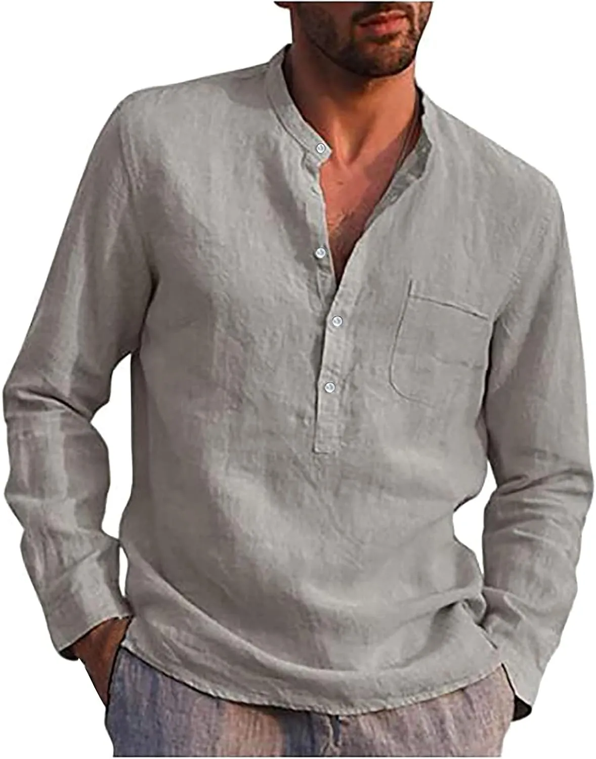 DuDubaby Button Down Shirt for Men Designer Summer Casual Cotton Linen Solid Color Long Sleeve Loose Stand Collar Shirts