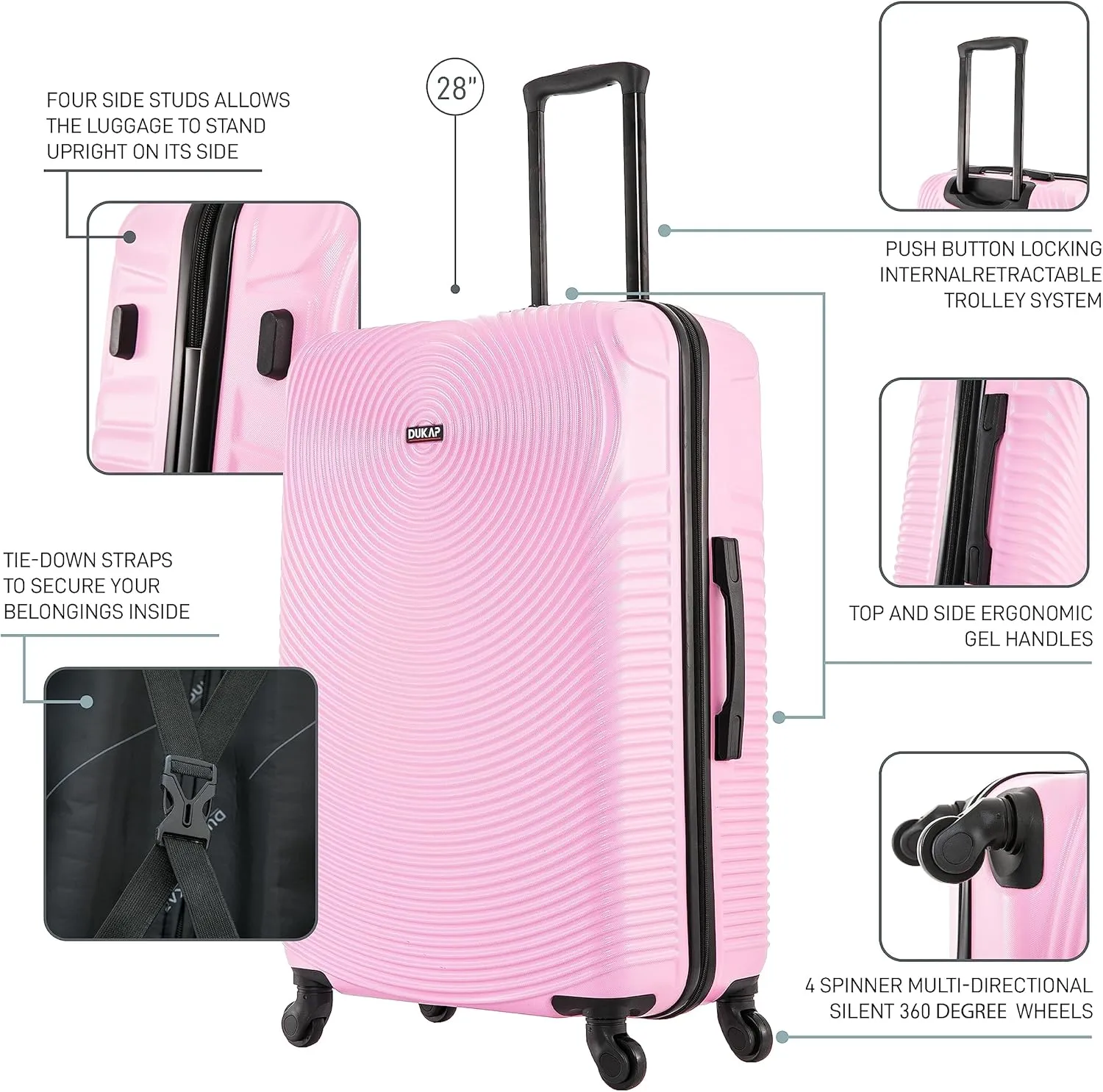 DUKAP INCEPTION Luggage with Spinner Wheels | Durable Lightweight Hardside Suitcase, Travel Bag with Handle and Trolley, 28-Inch Large Checked Luggage | Pink