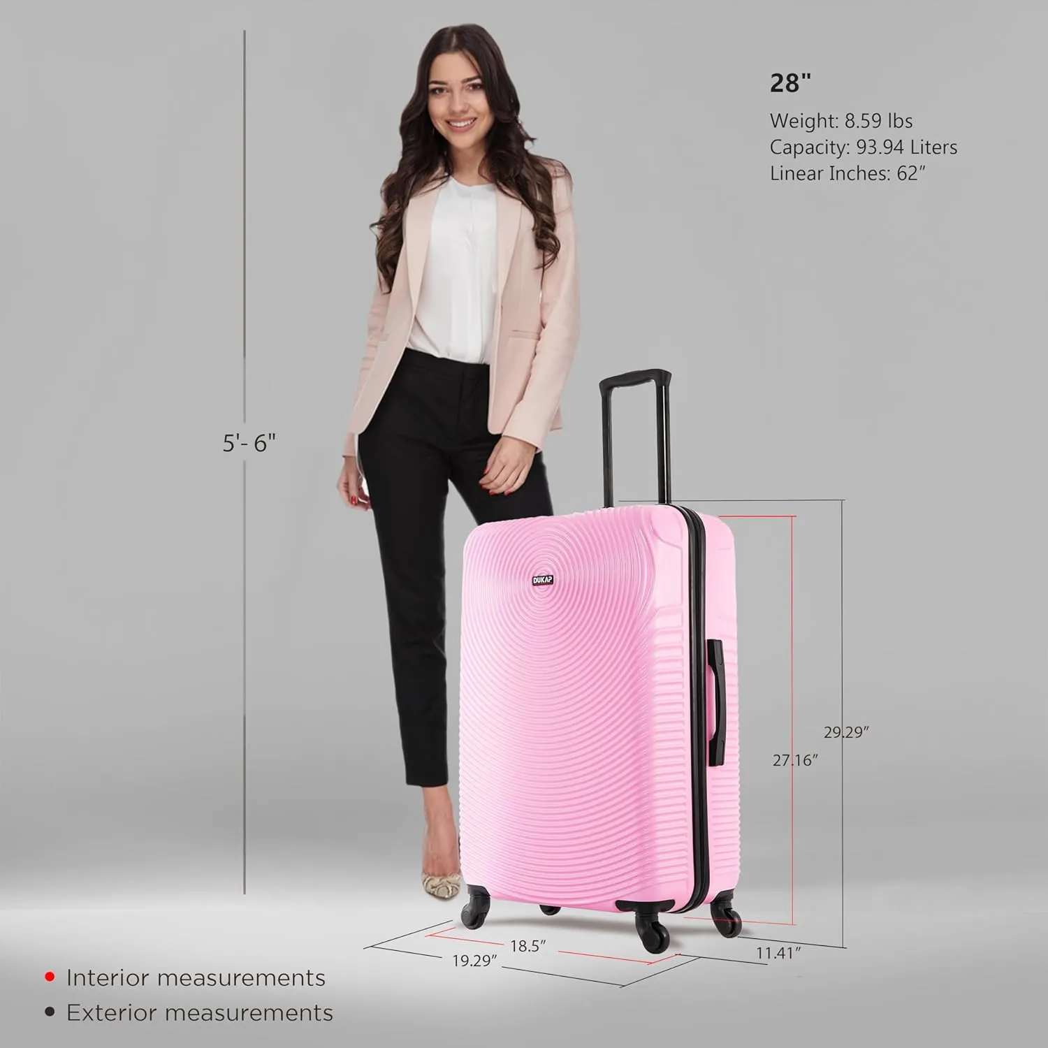 DUKAP INCEPTION Luggage with Spinner Wheels | Durable Lightweight Hardside Suitcase, Travel Bag with Handle and Trolley, 28-Inch Large Checked Luggage | Pink