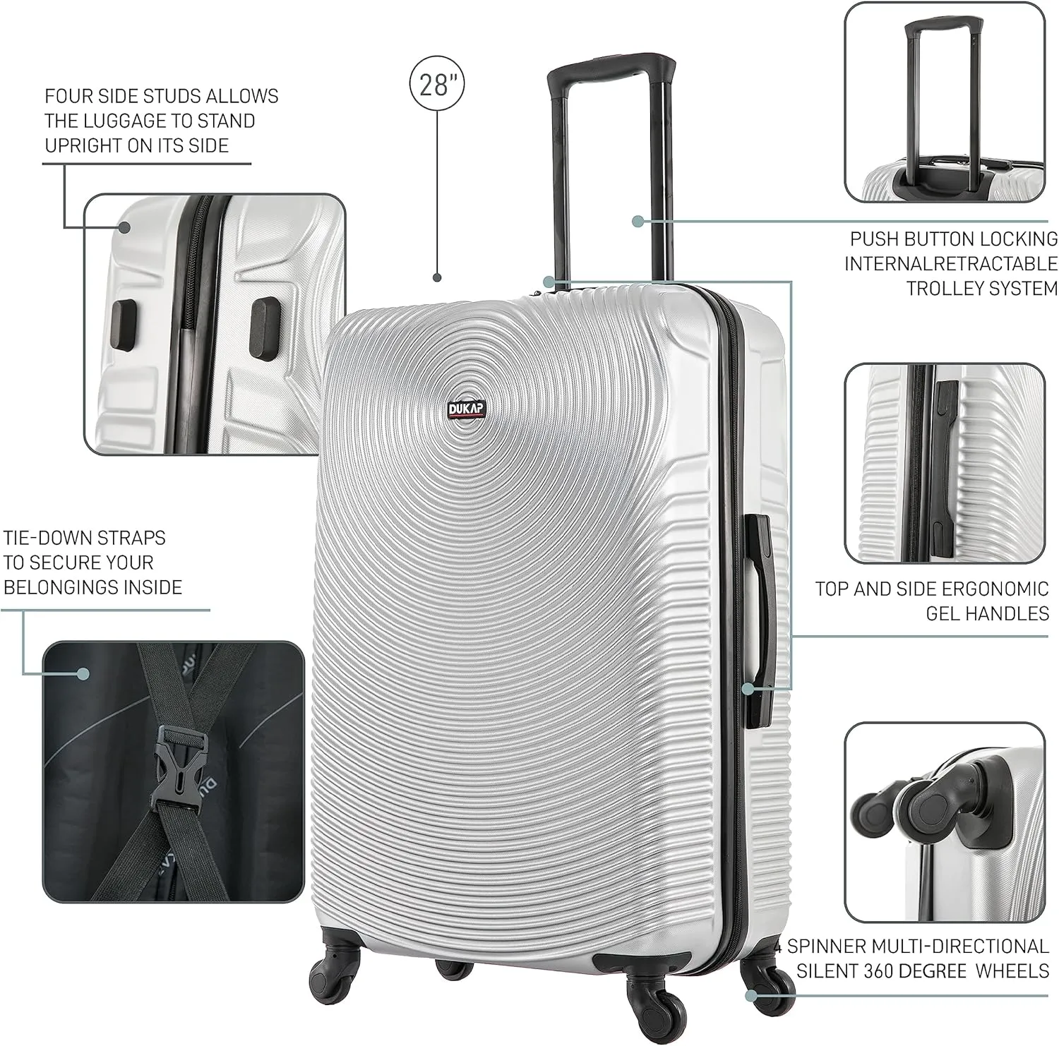 DUKAP INCEPTION Luggage with Spinner Wheels | Durable Lightweight Hardside Suitcase, Travel Bag with Handle and Trolley, 28-Inch Large Checked Luggage | Silver