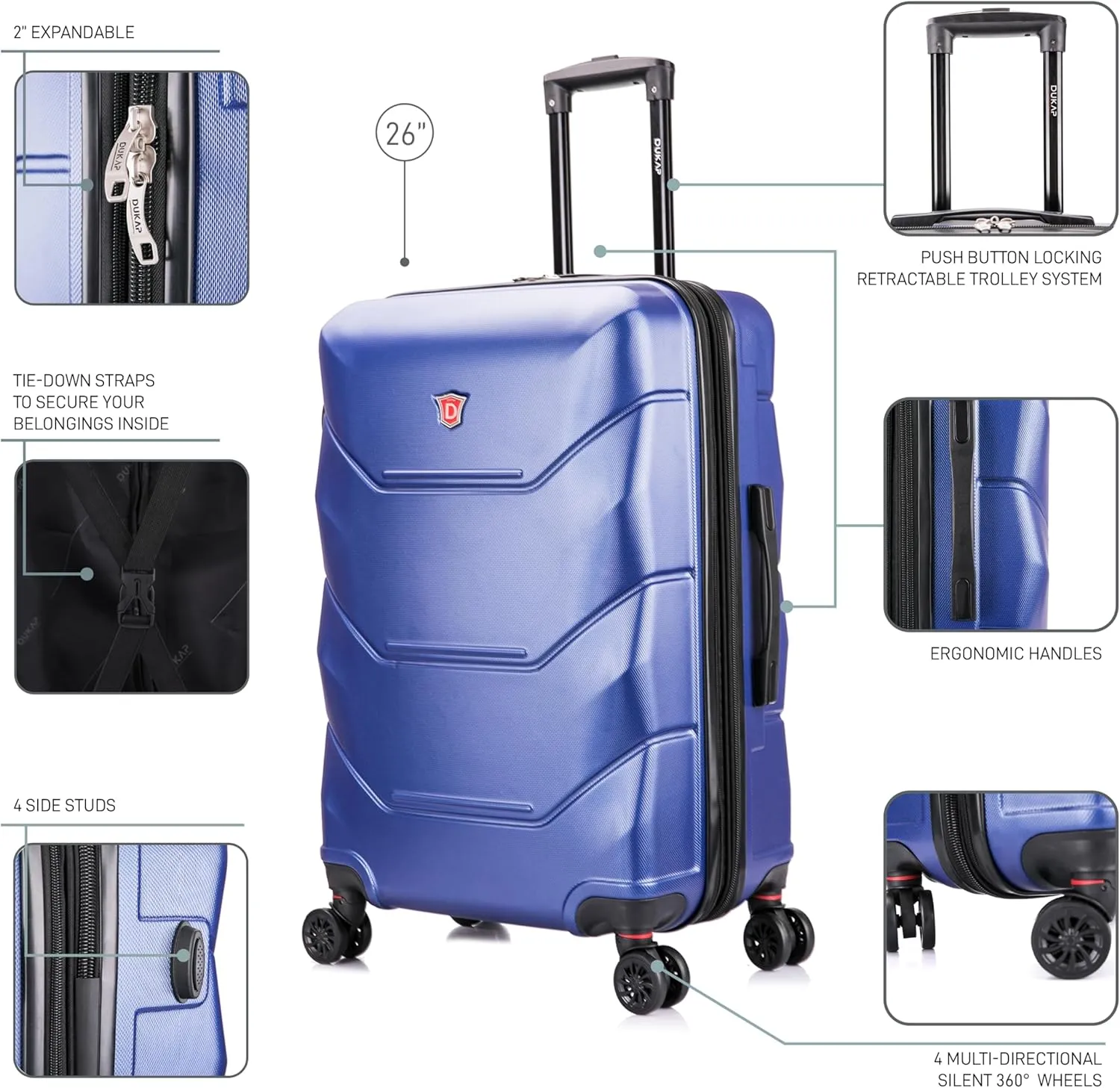 DUKAP ZONIX Luggage with Spinner Wheels | Durable Lightweight Hardside Suitcase, Spacious Travel Bag with Handle and Trolley | 26 Inch Medium Checked Luggage | Blue