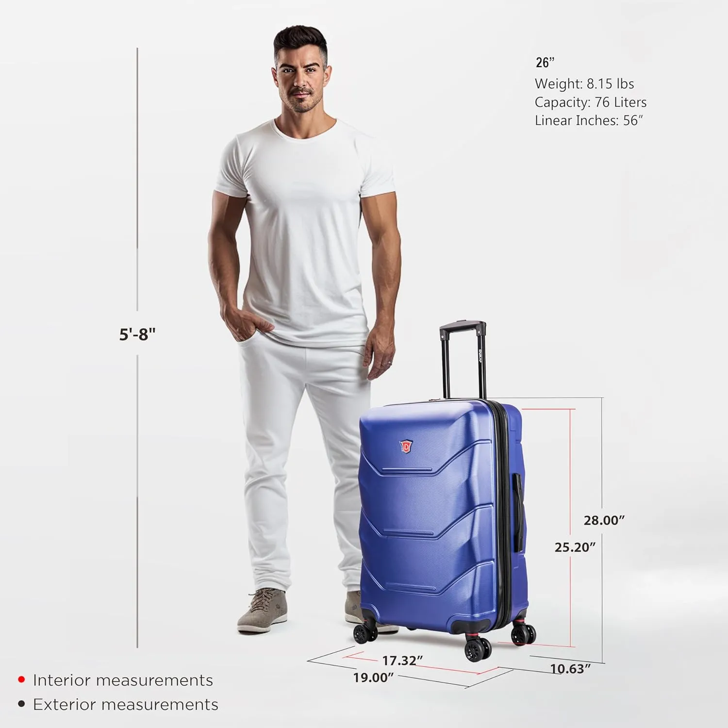DUKAP ZONIX Luggage with Spinner Wheels | Durable Lightweight Hardside Suitcase, Spacious Travel Bag with Handle and Trolley | 26 Inch Medium Checked Luggage | Blue