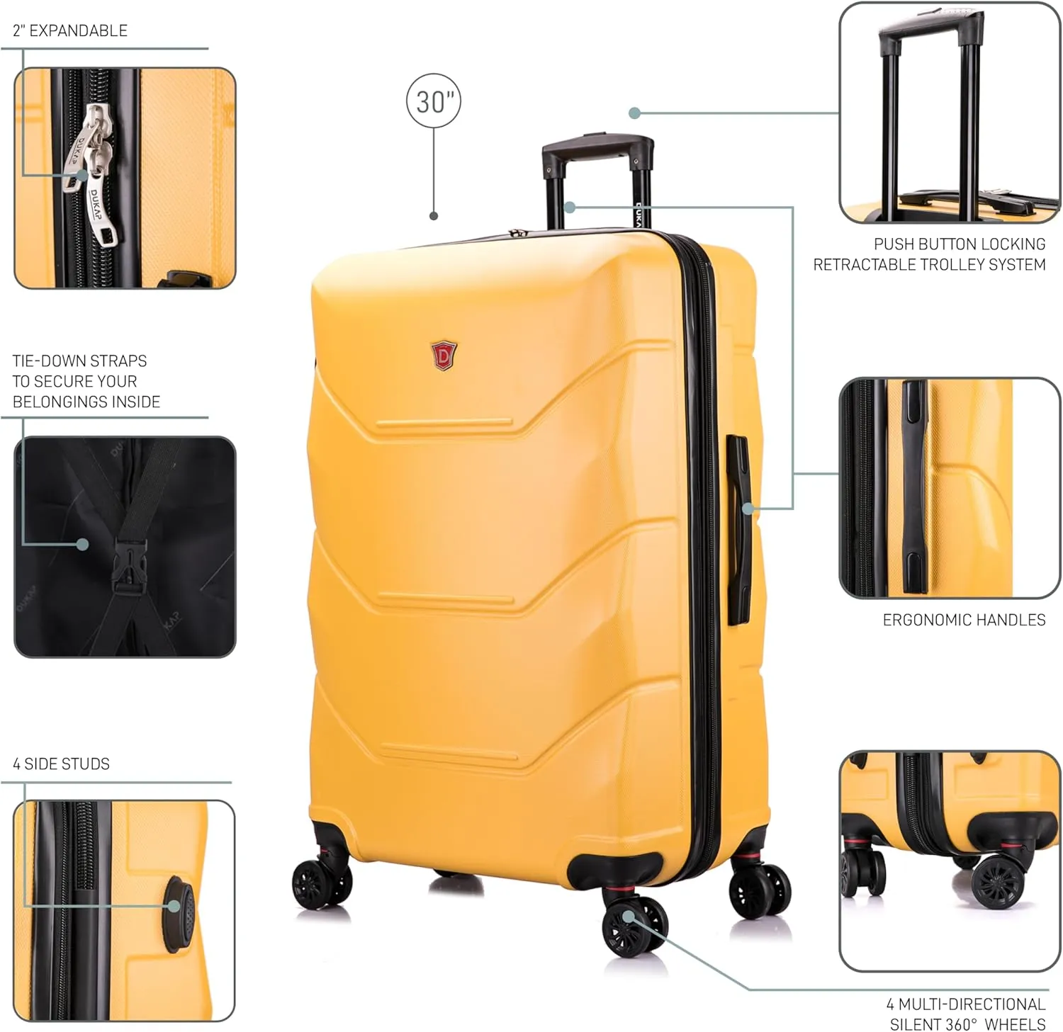 DUKAP ZONIX Luggage with Spinner Wheels | Durable Lightweight Hardside Suitcase, Spacious Travel Bag with Handle and Trolley | 30 Inch Large Checked Luggage | Mustard