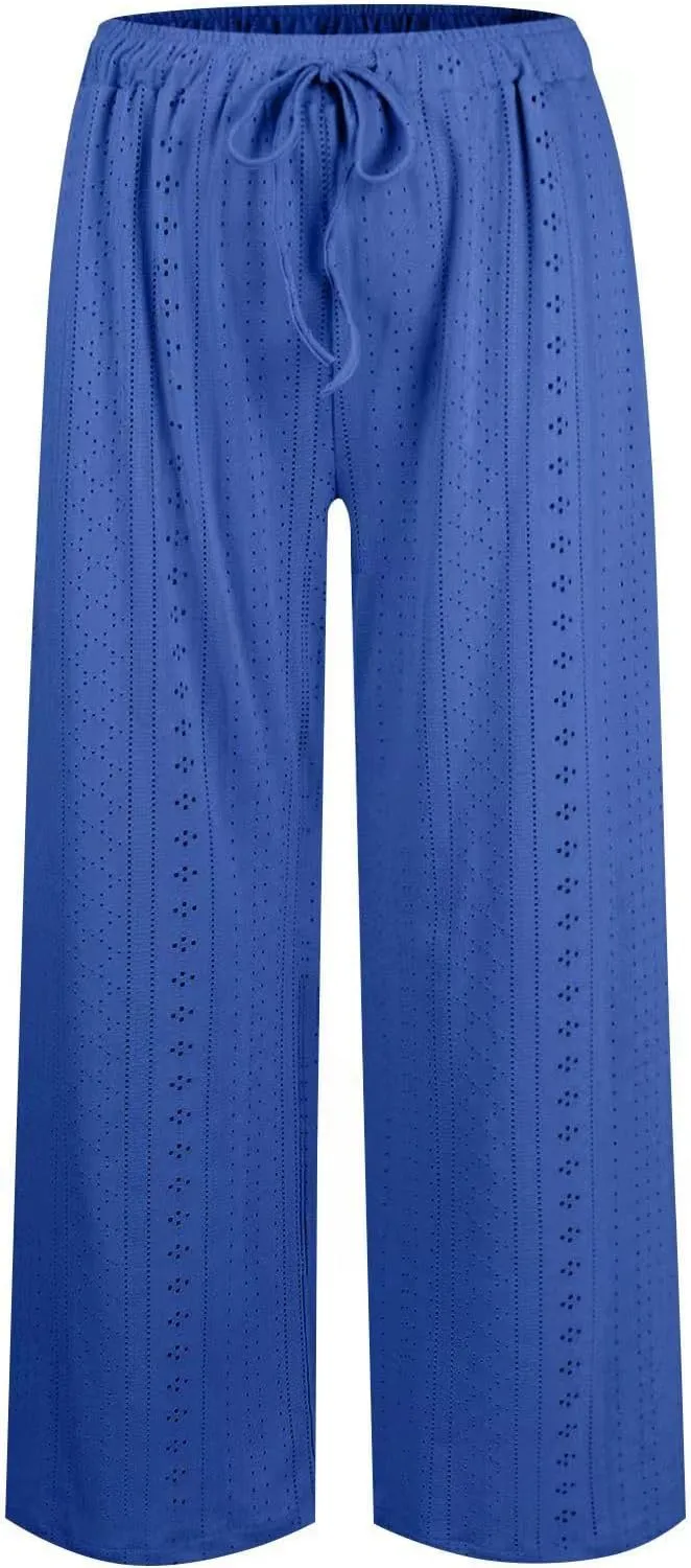 Eyelet Embroidered Pants for Women Wide Leg Casual Summer Pant Drawstring Elastic Waist Palazzo Lounge Trousers