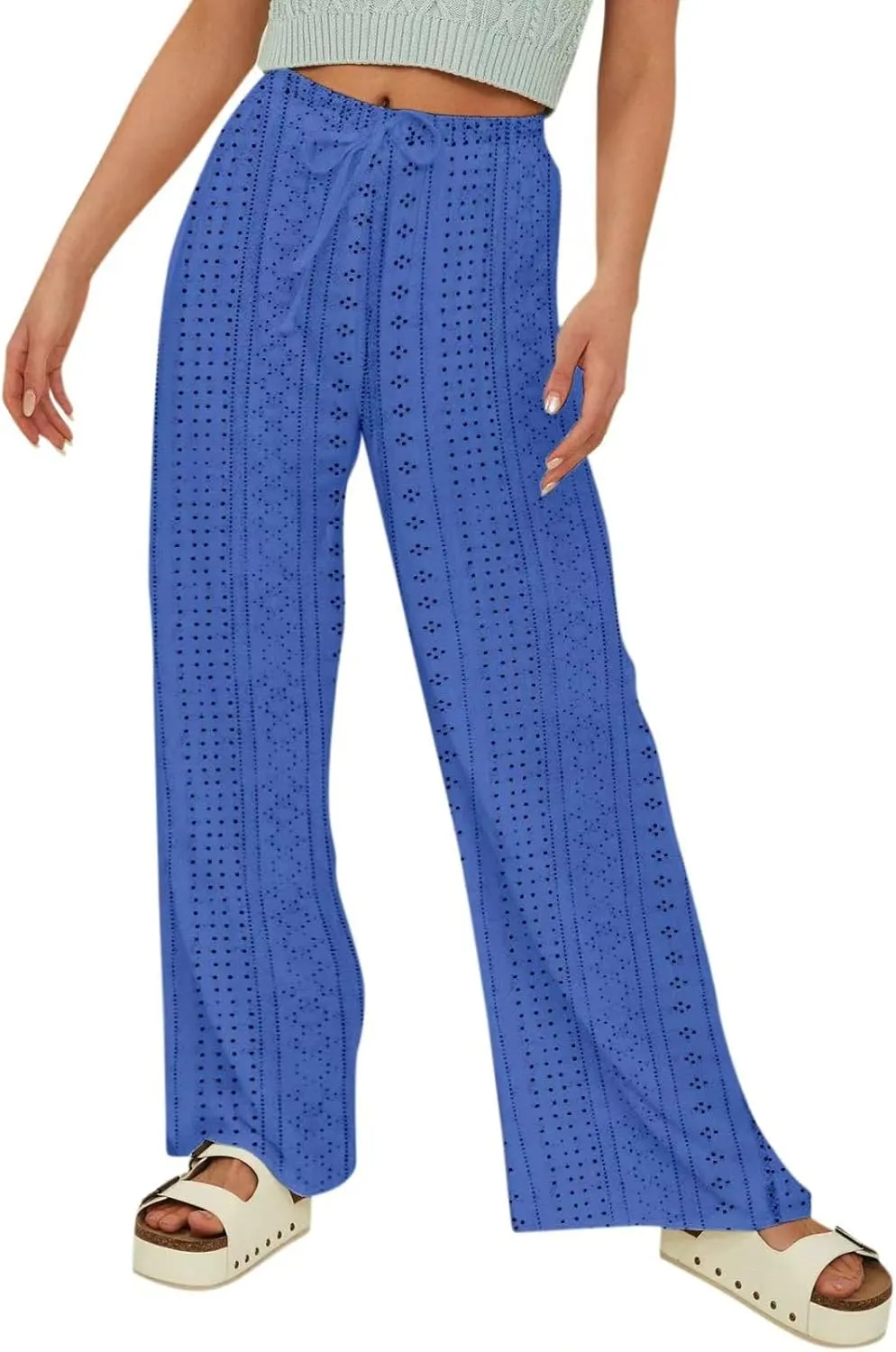 Eyelet Embroidered Pants for Women Wide Leg Casual Summer Pant Drawstring Elastic Waist Palazzo Lounge Trousers