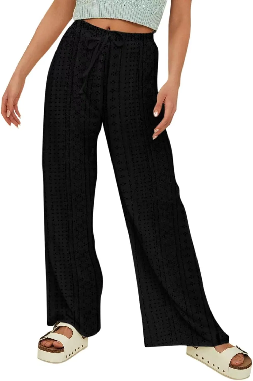 Eyelet Embroidered Pants for Women Wide Leg Casual Summer Pant Drawstring Elastic Waist Palazzo Lounge Trousers