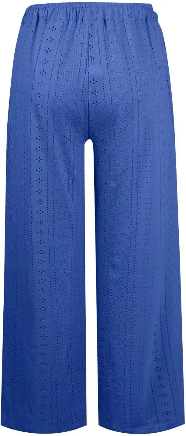 Eyelet Embroidered Pants for Women Wide Leg Casual Summer Pant Drawstring Elastic Waist Palazzo Lounge Trousers
