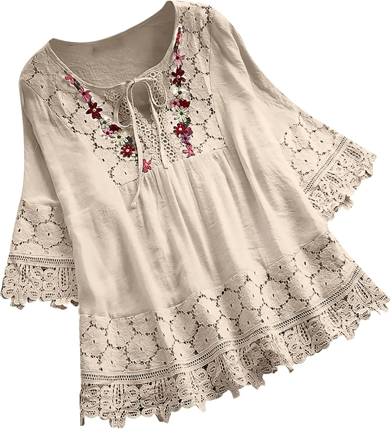 Fashion Tops for Women Vintage Lace Patchwork Bow V Neck 3/4 Sleeve Casual Tshirt Loose Fit Lightweight Summer Shirts