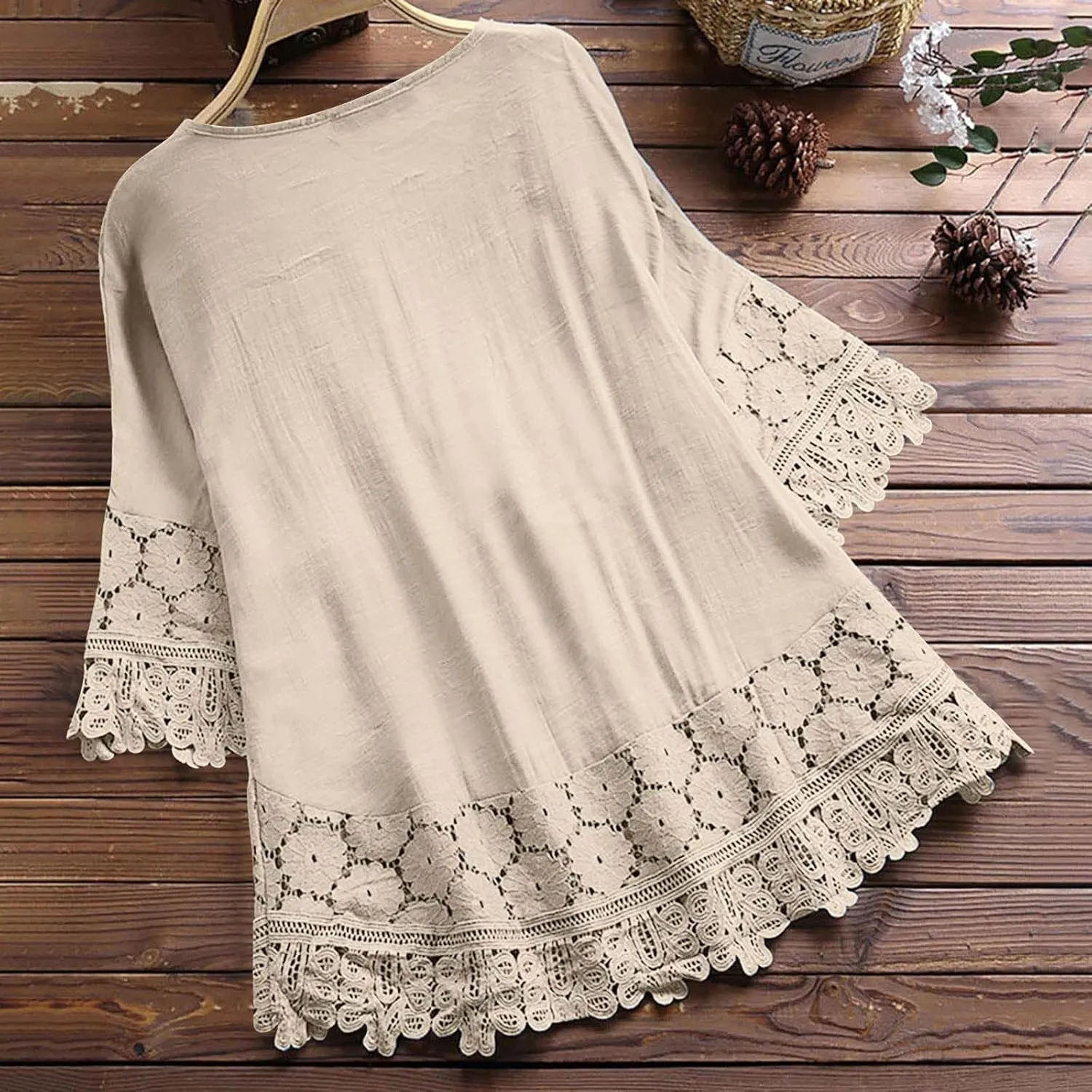 Fashion Tops for Women Vintage Lace Patchwork Bow V Neck 3/4 Sleeve Casual Tshirt Loose Fit Lightweight Summer Shirts