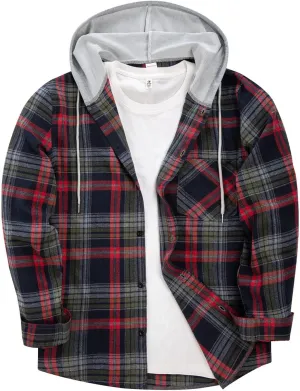 Flannel Hoodie for Mens Casual Long Sleeve Button Down Hooded Plaid Shirt Jacket Lightweight Fall Shacket Hoodies