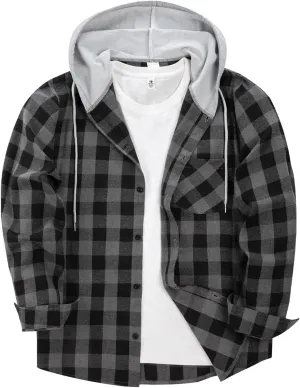 Flannel Hoodie for Mens Casual Long Sleeve Button Down Hooded Plaid Shirt Jacket Lightweight Fall Shacket Hoodies